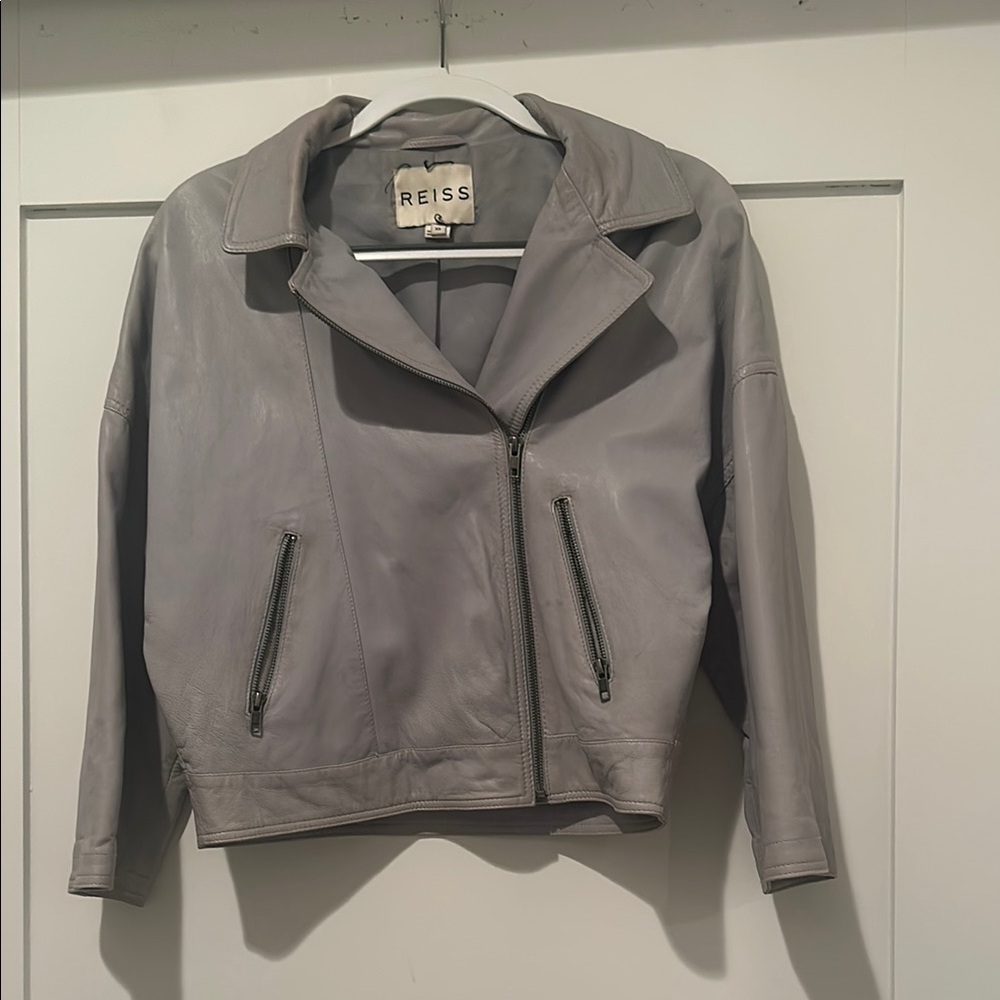 Reiss Gray Leather Cropped Jacket
